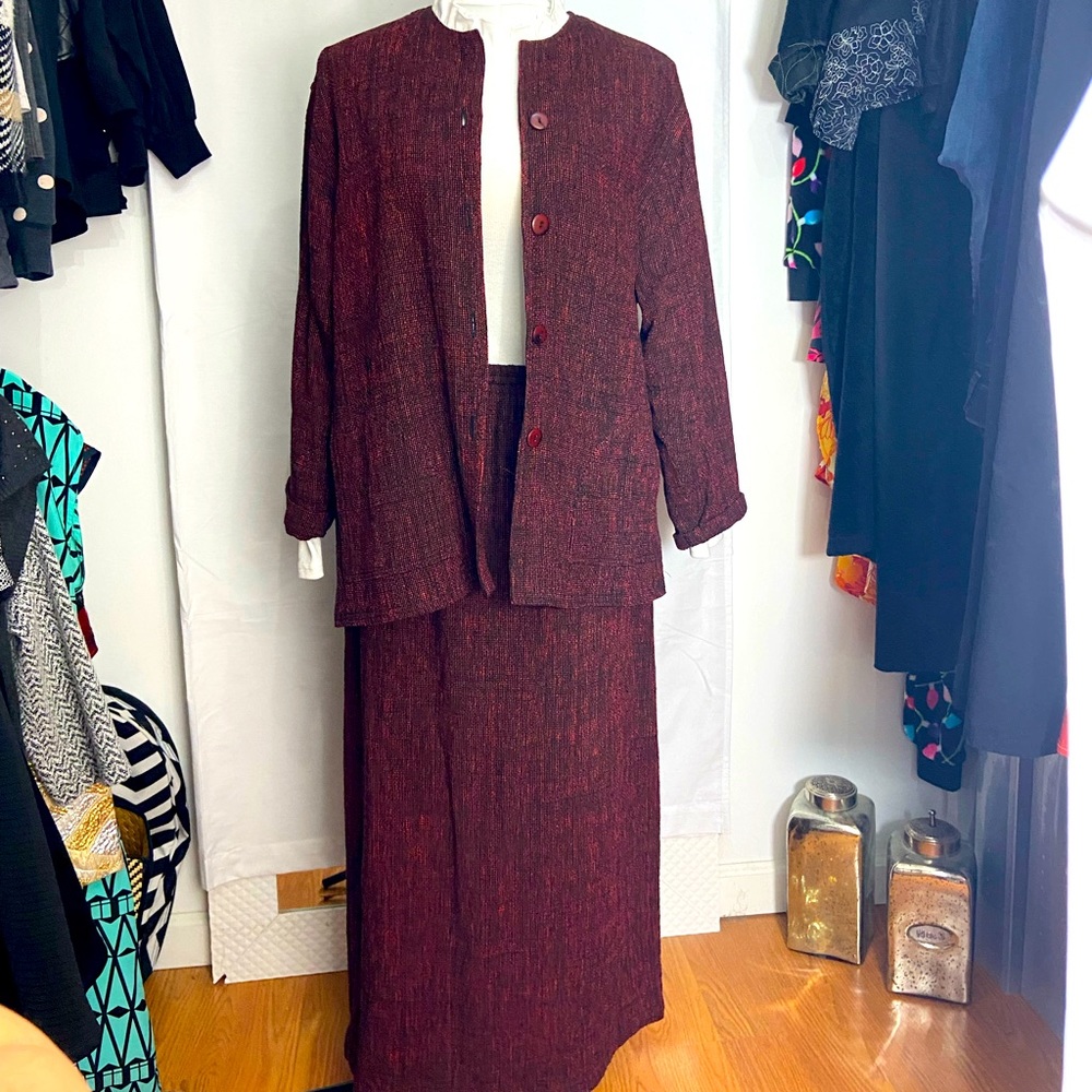 Funky Vintage 2 Piece Suit in Burgundy Tweed Cotton Maxi Skirt and Box Jacket